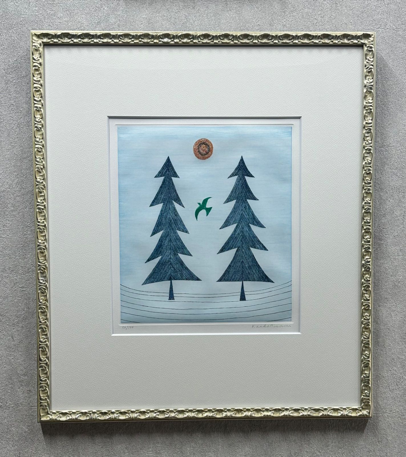 額付】南桂子 2本の木ととぶ鳥 銅版画 作家直筆サイン 備品 エッチング