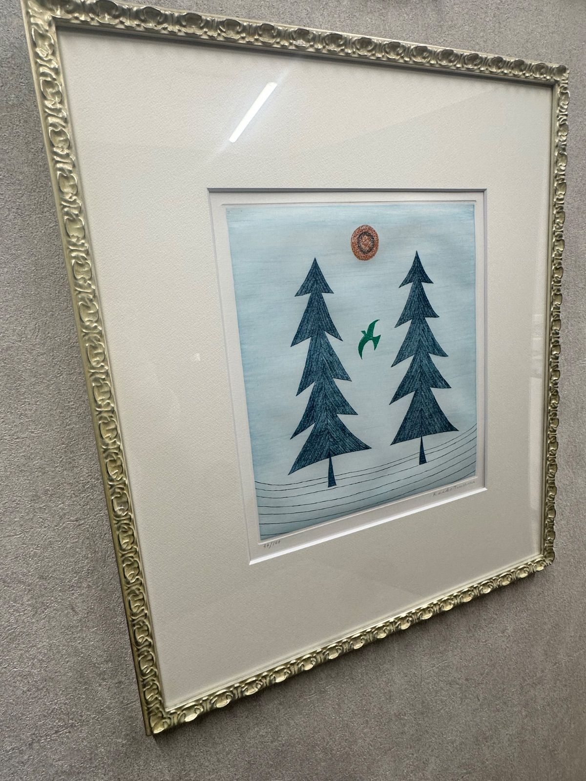 額付】南桂子 2本の木ととぶ鳥 銅版画 作家直筆サイン 備品 エッチング