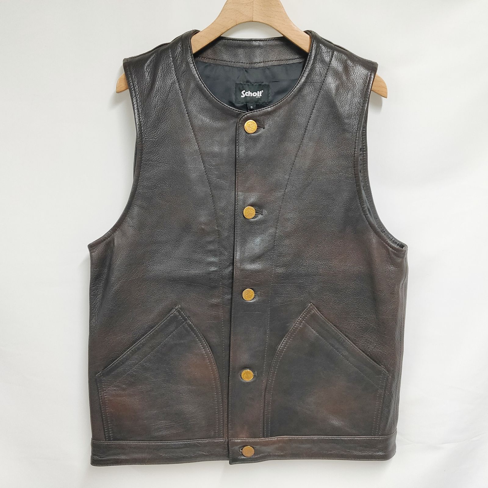 新品 未使用 ショット バッファロー レザー ベスト ブラウン S【Schott