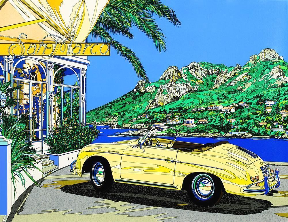 真作】【WISH】鈴木英人「コートダジュールの小高い丘」シルク