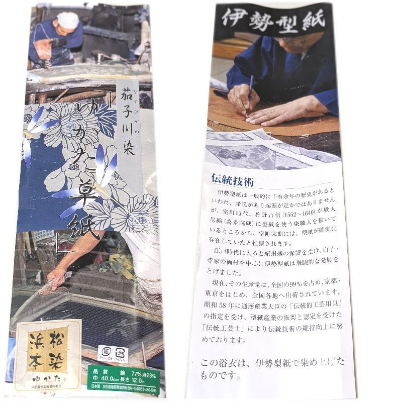 浴衣 反物 浜松注染.伊勢型紙 日本製 綿麻 茄子川染（生成りに紫の