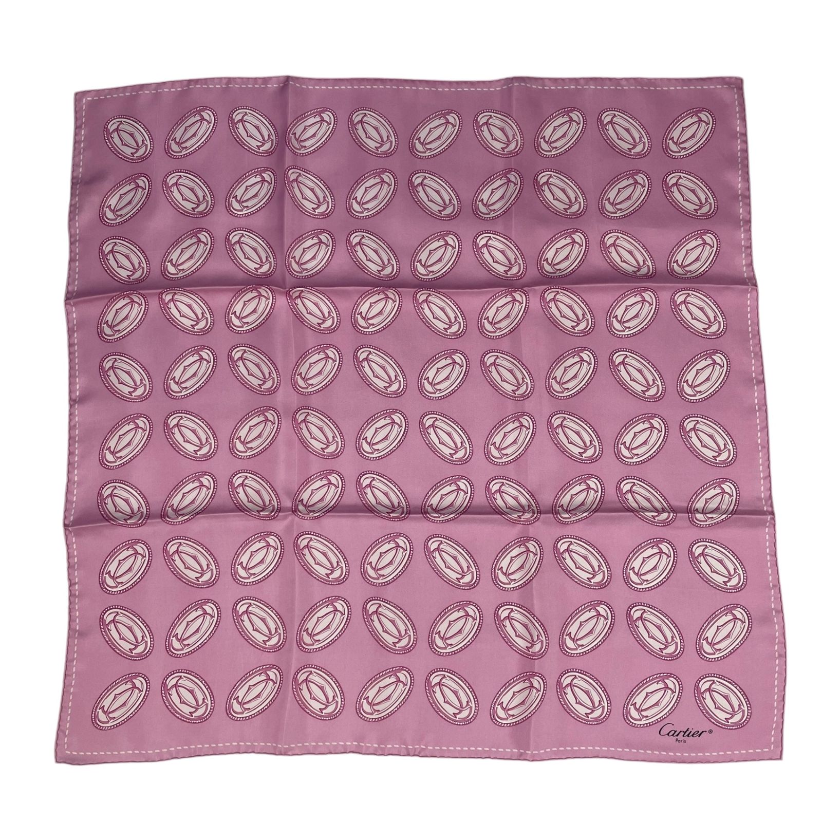 超美品　Cartier 2Cロゴ(ダブルC)柄　シルクスカーフ 約70cm 新品同様 Cartier カルティエ スカーフ シルク 2Cロゴ ピンク 箱付き