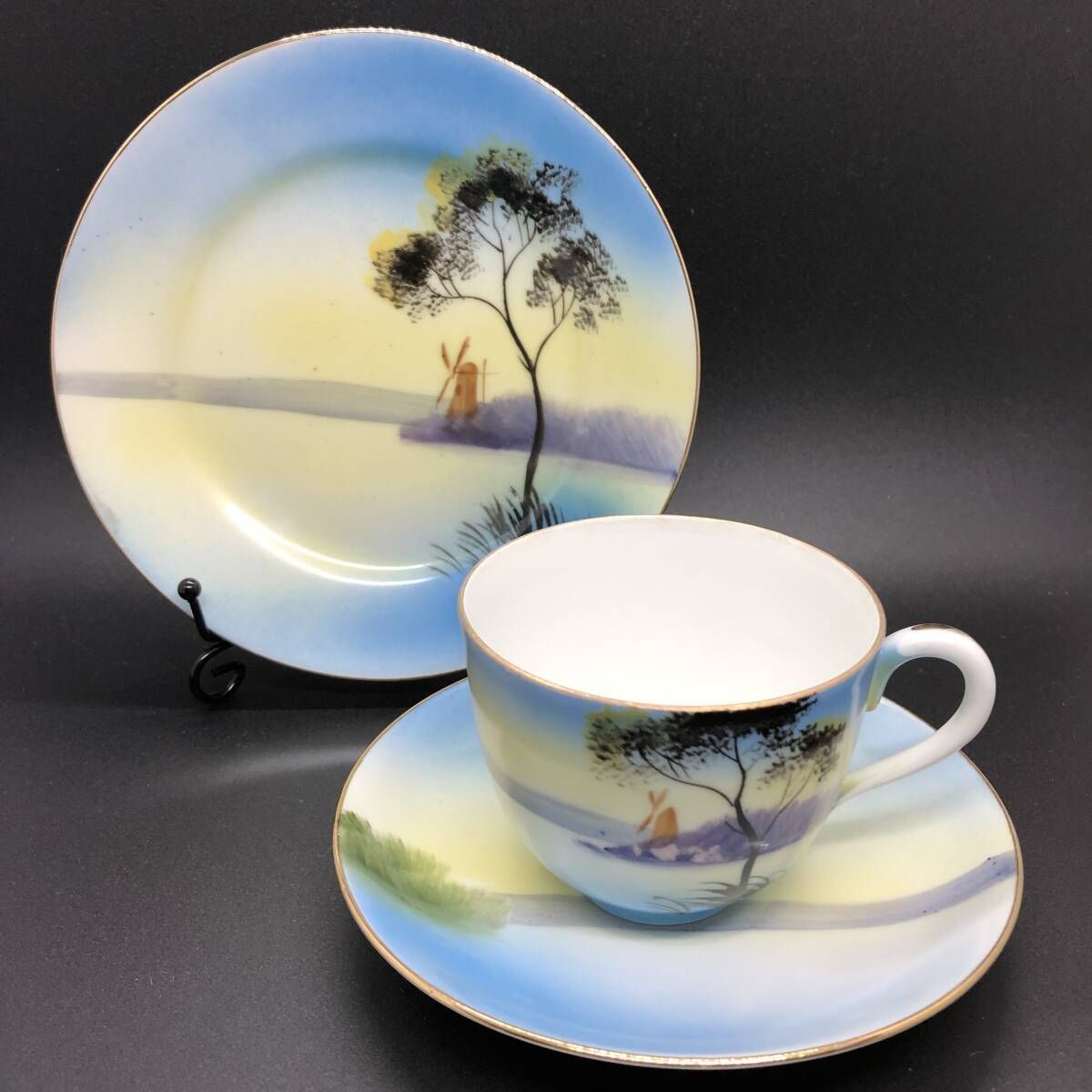オールドノリタケ 金彩 風車湖畔風景図 キャビネットトリオ マルキ印