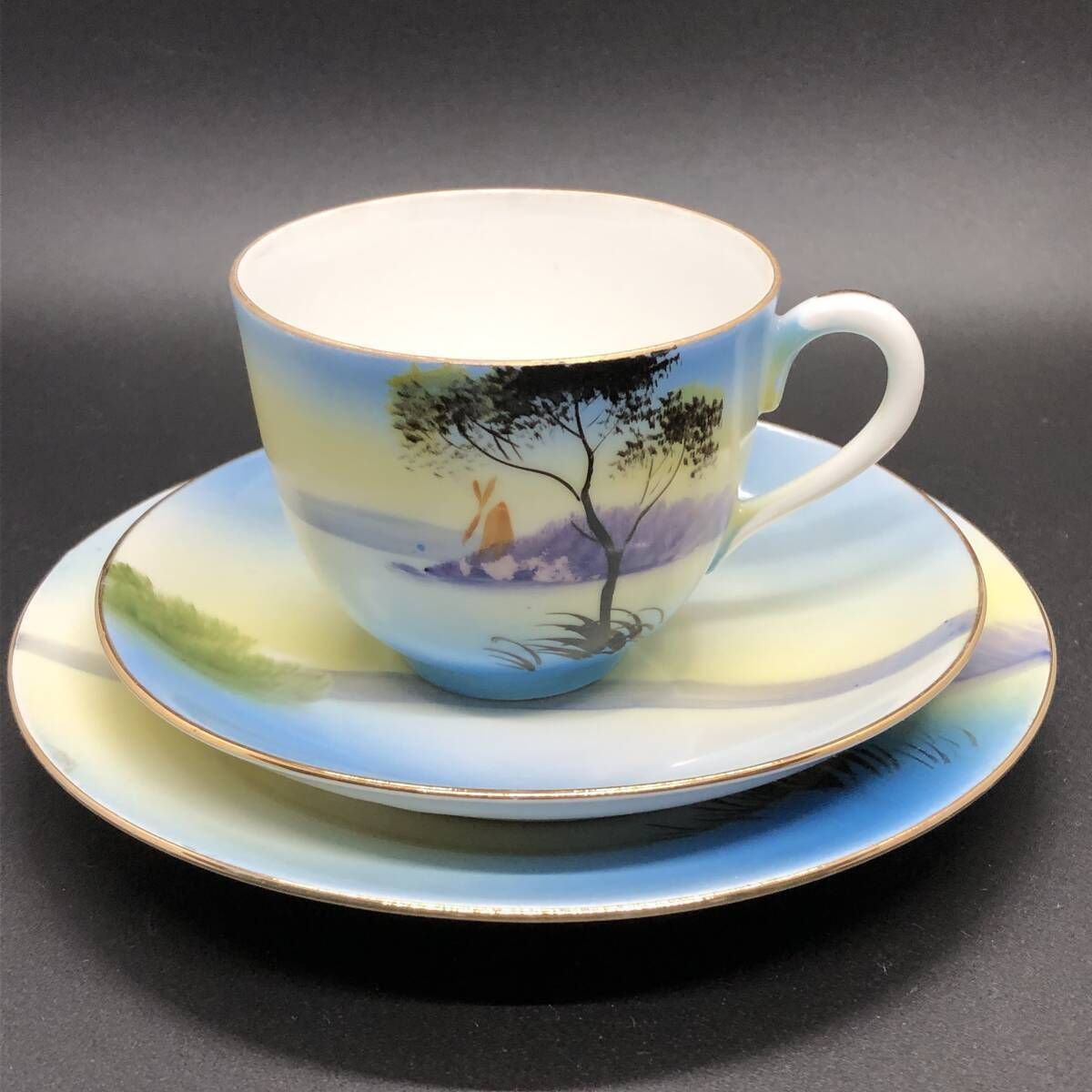 オールドノリタケ 金彩 風車湖畔風景図 キャビネットトリオ マルキ印