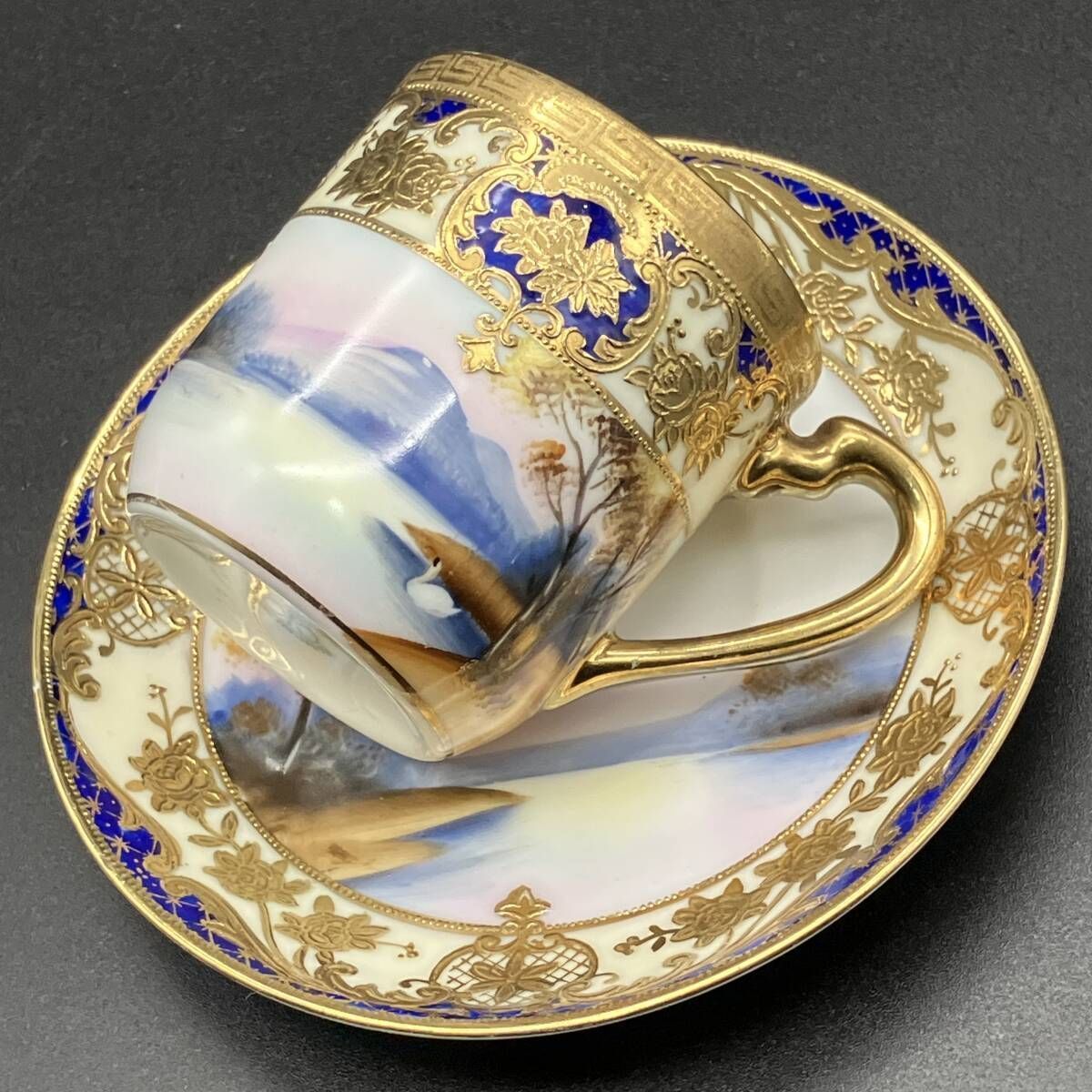 オールドノリタケ 大正昭和初期 カップ&ソーサー 湖畔白鳥風景