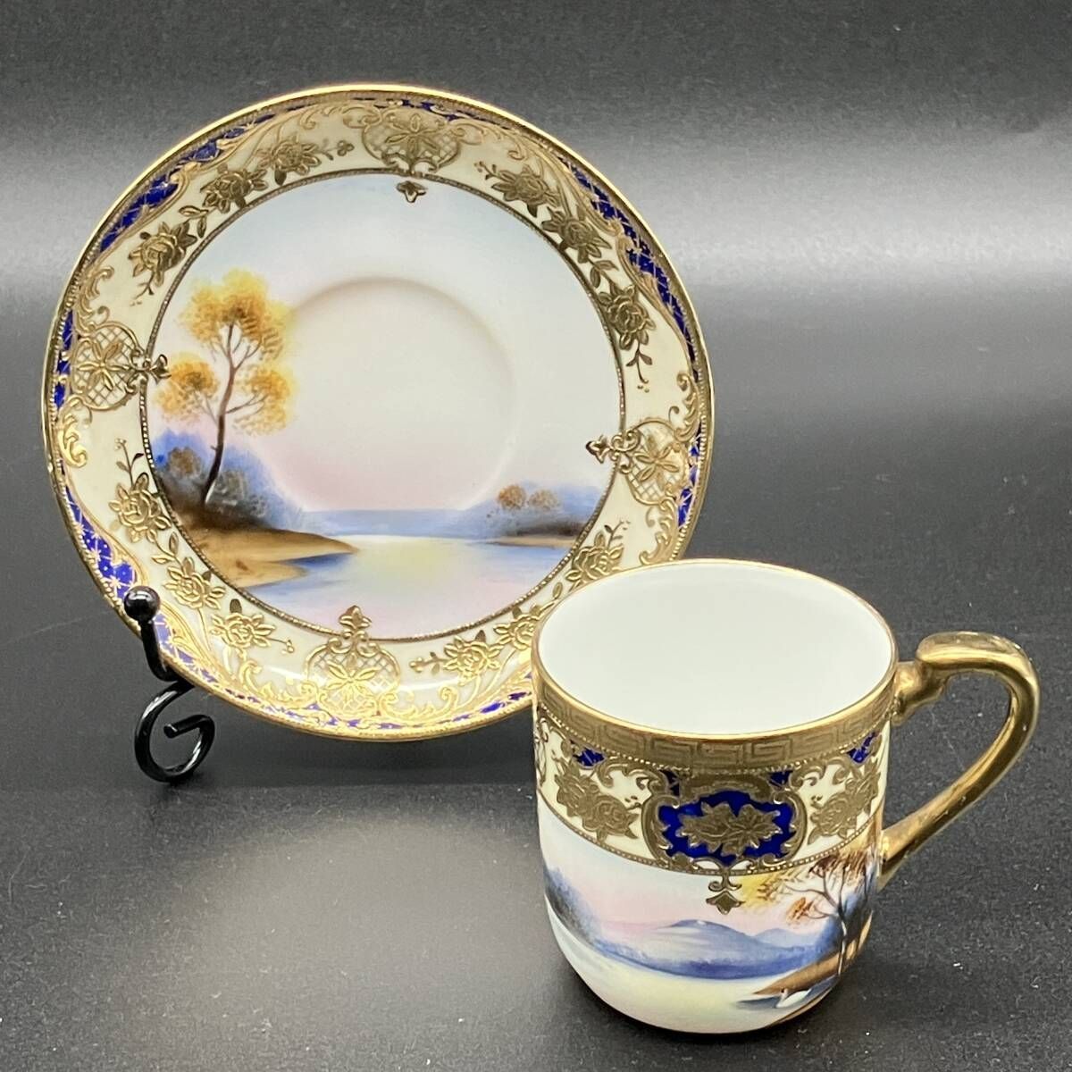 オールドノリタケ 大正昭和初期 カップ&ソーサー 湖畔白鳥風景