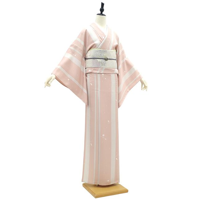 新古品】 小紋 単衣 着物 未使用 正絹 春 秋 薄ピンクベージュ 縞 駒 