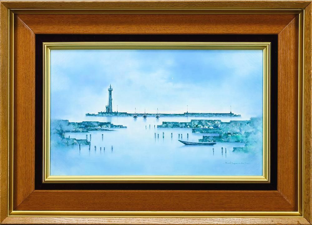 真作】【WISH】樋口治平「薄暮」油彩 8号 ◇薄暮に包まれた静かな港 〇