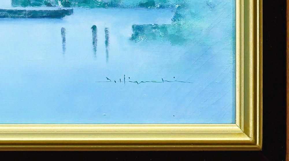 真作】【WISH】樋口治平「薄暮」油彩 8号 ◇薄暮に包まれた静かな港 〇