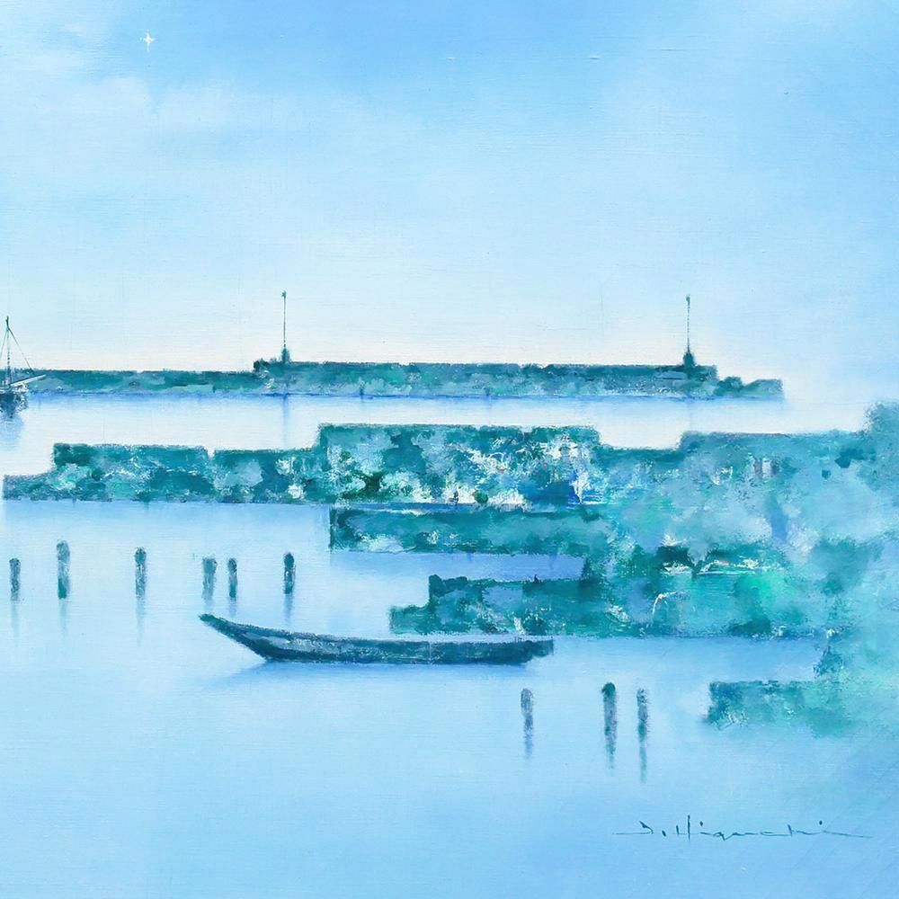 真作】【WISH】樋口治平「薄暮」油彩 8号 ◇薄暮に包まれた静かな港 〇