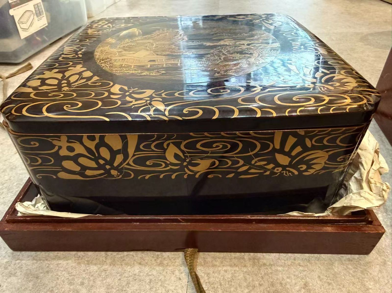 極美品】時代物 漆器 金蒔絵 沈金 蝶文風景図 文箱 硯箱 梨地 内絵