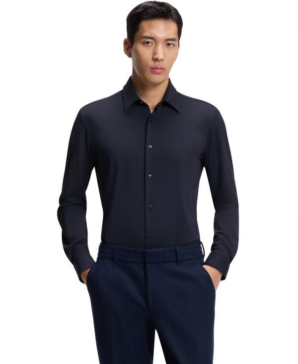 ヒューゴボス メンズ トップス シャツ ジャージー Hugo Boss Mens PerformanceStretch Structured Jersey SlimFit Dresshirt Dark Blue ブルー