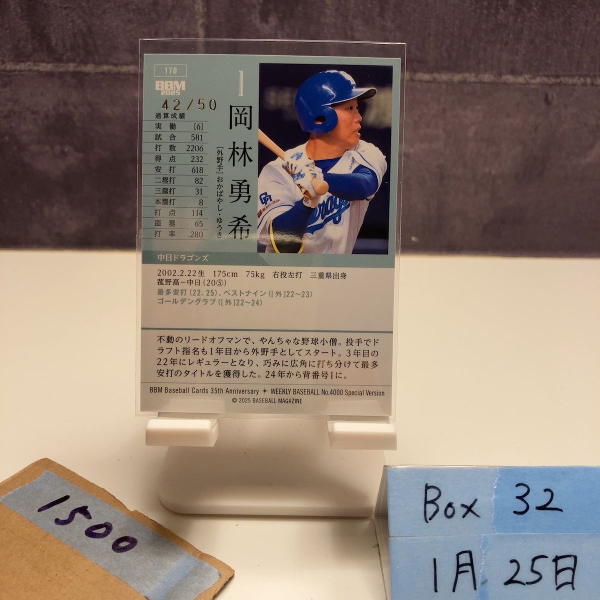 2025 BBM 岡林勇希 42/50 ホロ箔サイン 中日ドラゴンズ 35th