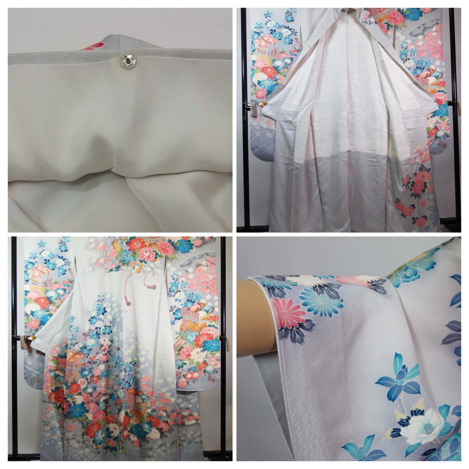 作家物 振袖 正絹 友禅 御所解文様 花車に四季花 水色系 古典柄 豪華