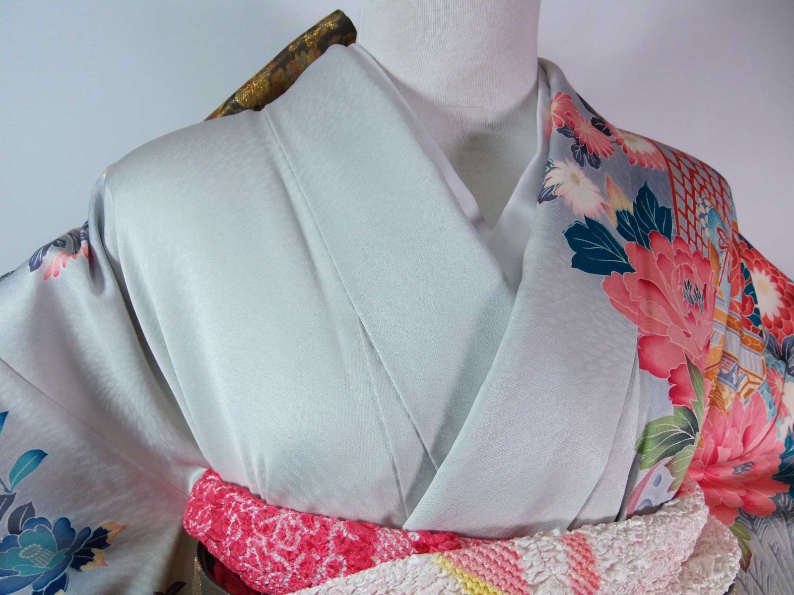 作家物 振袖 正絹 友禅 御所解文様 花車に四季花 水色系 古典柄 豪華