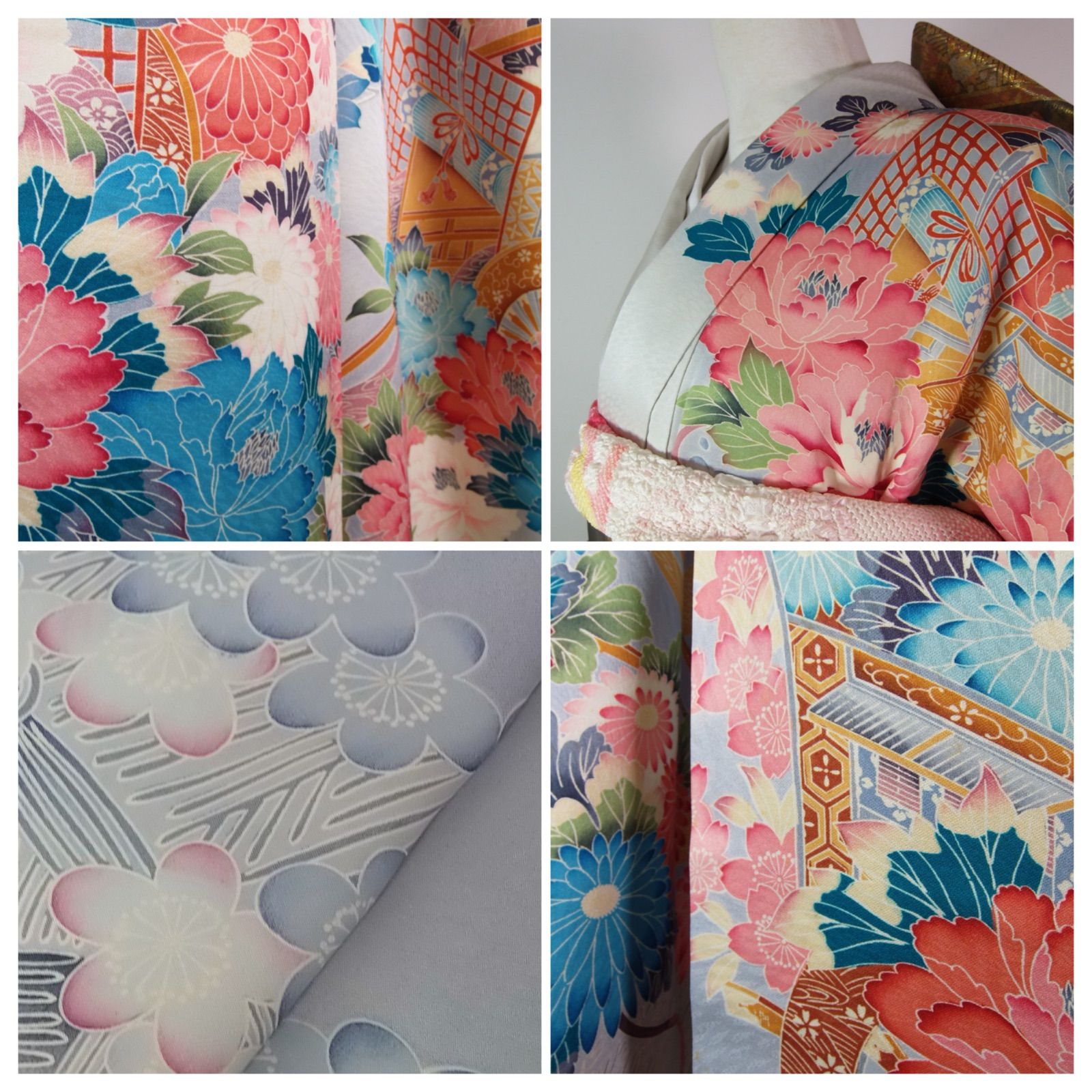 作家物 振袖 正絹 友禅 御所解文様 花車に四季花 水色系 古典柄 豪華