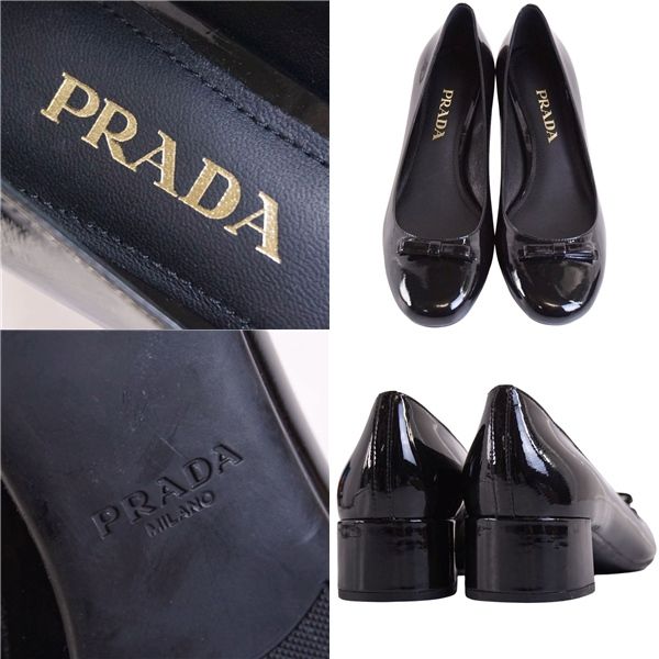 未使用 プラダ PRADA パンプス リボン エナメルレザー ヒール シューズ