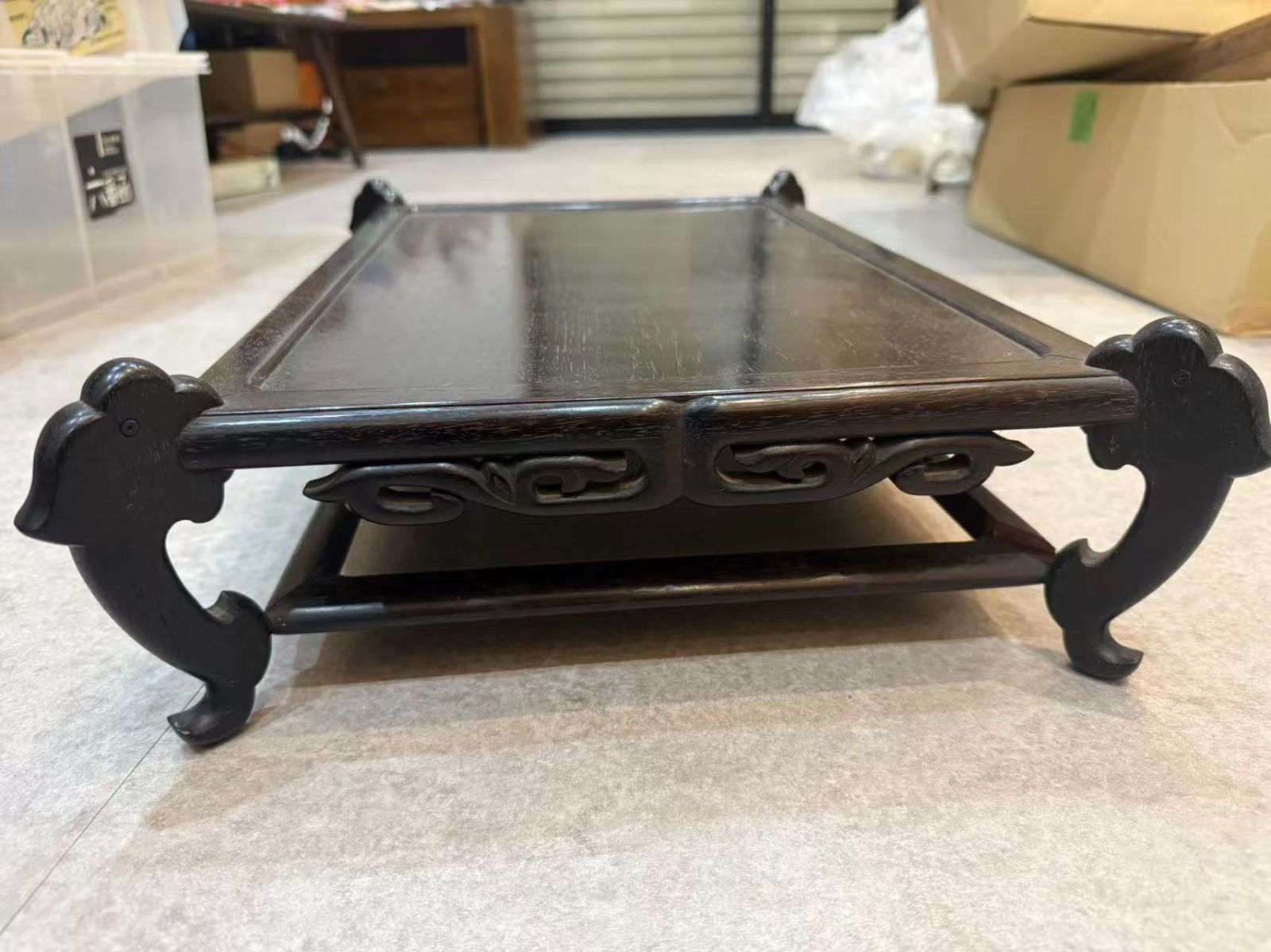 中国古玩 唐木紫檀調 香几 花台 盆栽台 透彫 卷草紋 飾り台