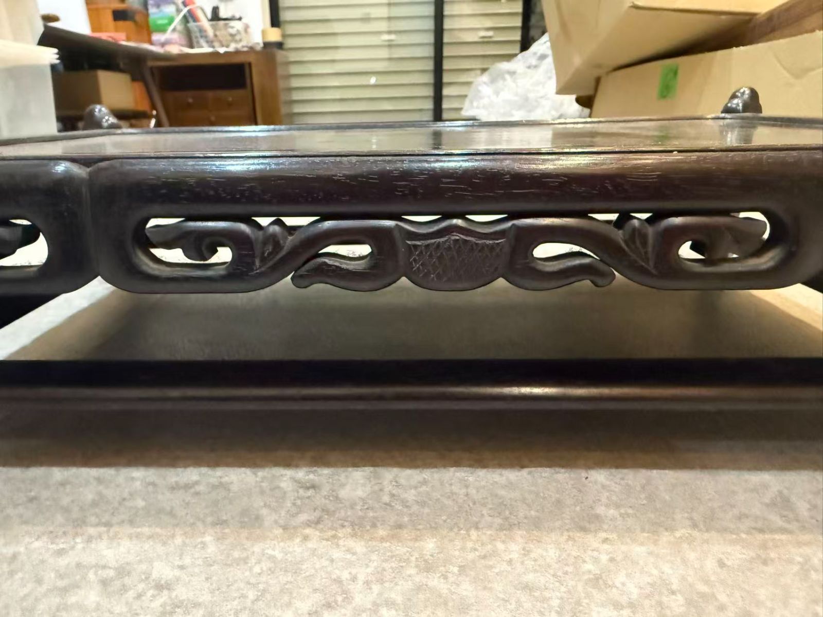 中国古玩 唐木紫檀調 香几 花台 盆栽台 透彫 卷草紋 飾り台