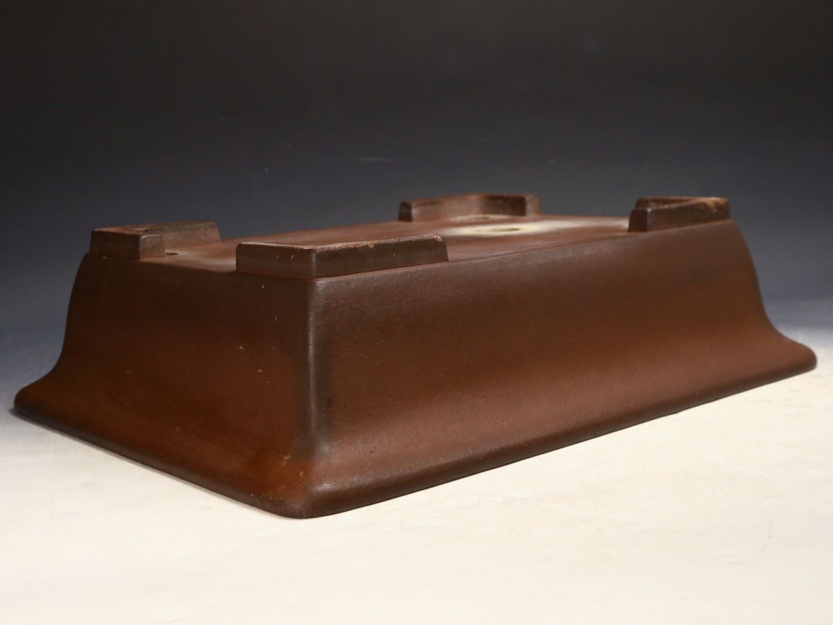 ISBS】人気常滑作家 松泉焼 山秋造「松泉紫泥外縁切足長方鉢」古色感