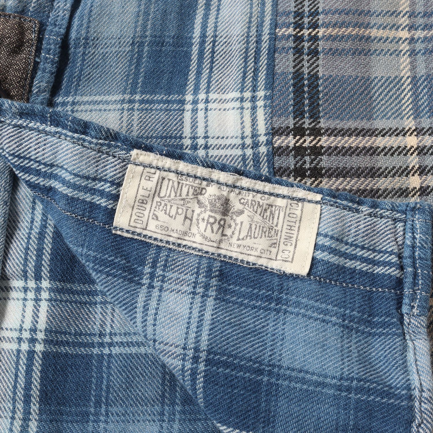 RRL ダブルアールエル ロゴ総柄 インディゴ染め長袖シャツ M 裾マチ