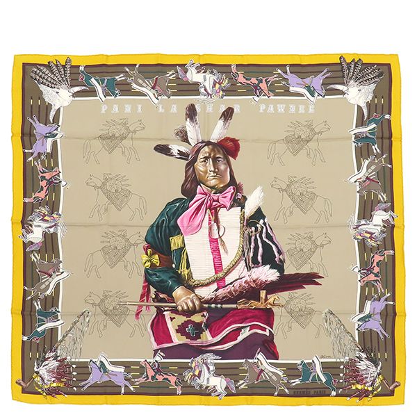 エルメス HERMES スカーフ カレ90 CARRE シルク エトゥープ×サフラン