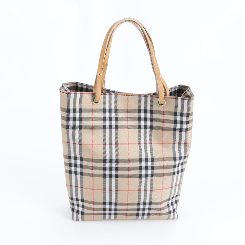 バーバリー ノバ チェック ベージュ レザー ナイロン ハンドバッグ