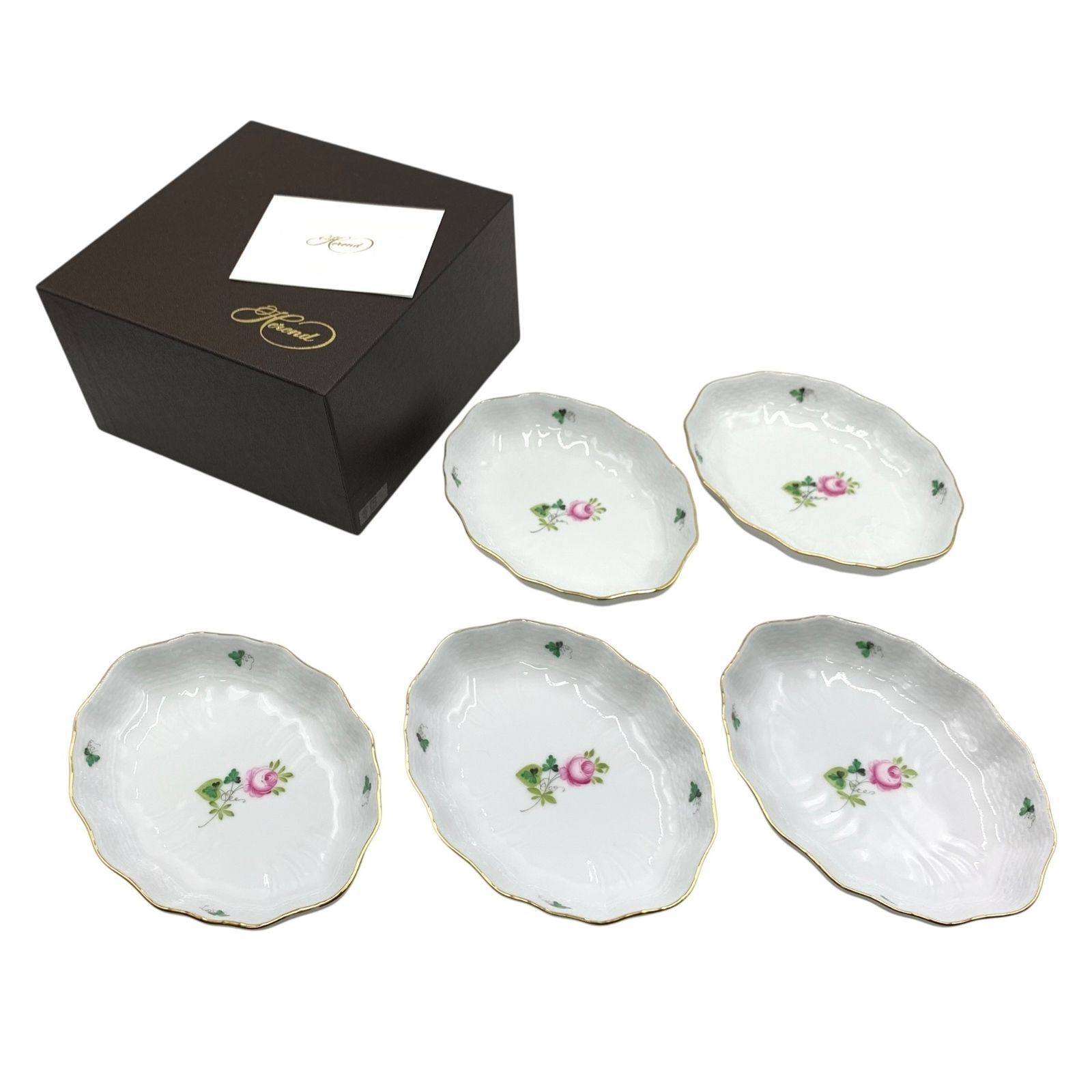 □美品 Herend ヘレンド 小皿 5枚セット 約16.5cm オーバル ハンド