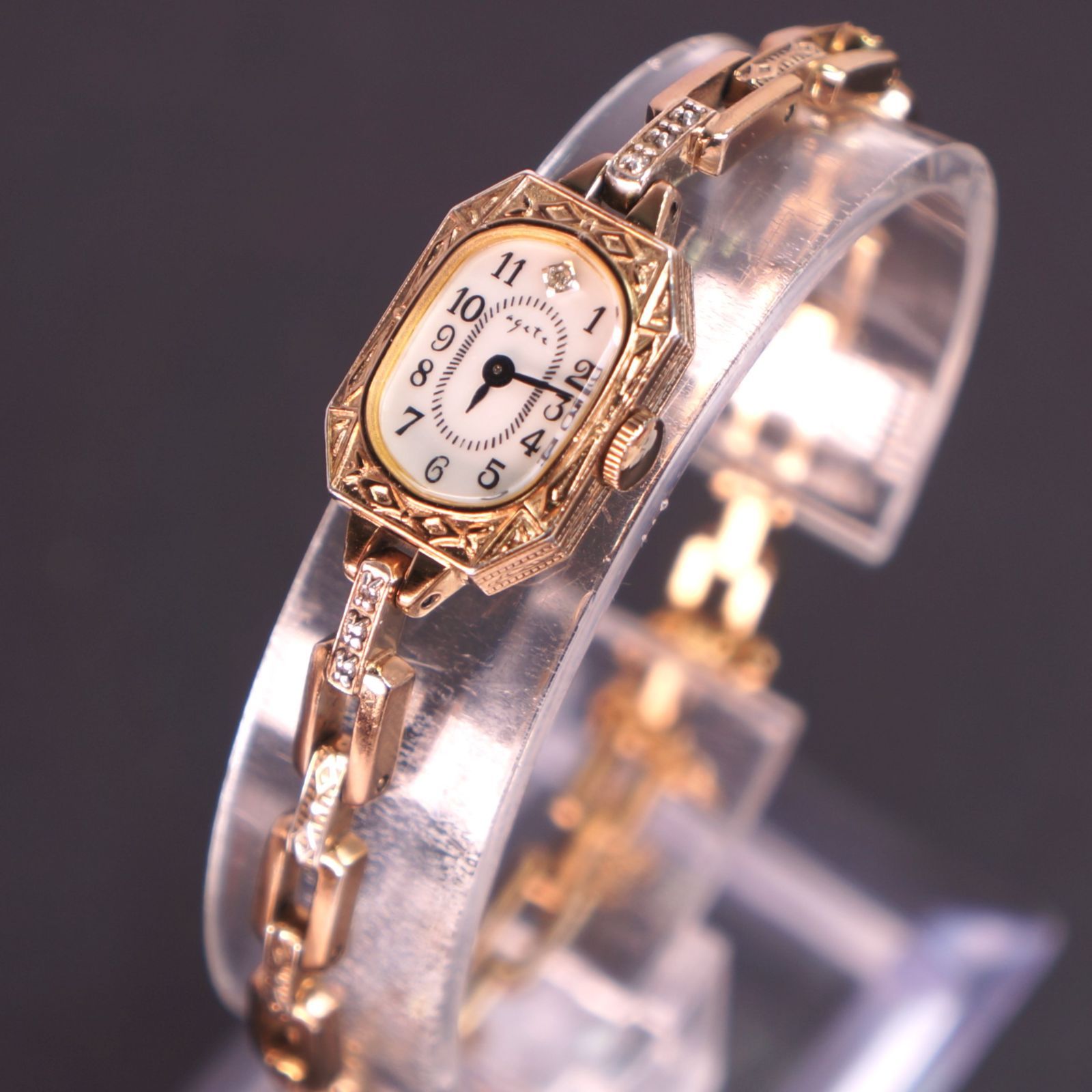 稼働品】agete スクエアフェイスジュエリーウォッチPG 新品ベルト 電池