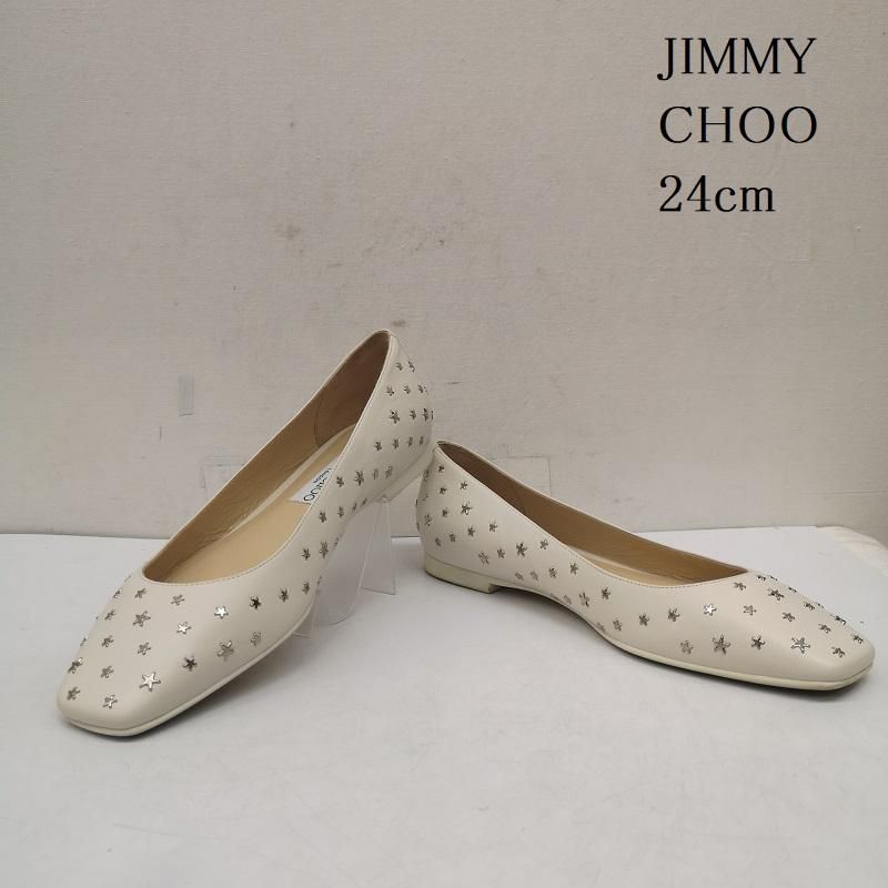 ジミーチュウ レザー スタースタッズ スクエアトゥ フラットシューズ