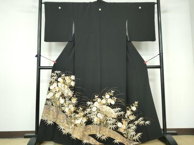 平和屋-こころ店□豪華振袖 扇面花文 黒地 金彩 正絹 逸品 AAAK0214Acs