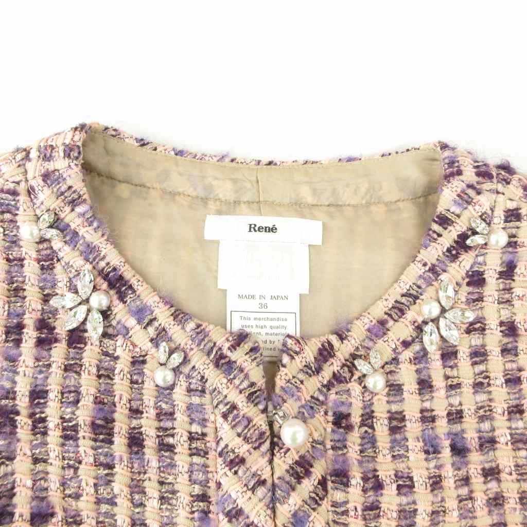 ルネ Rene 美品 TISSUE ツイード ノースリーブ ワンピース ビジュー 36