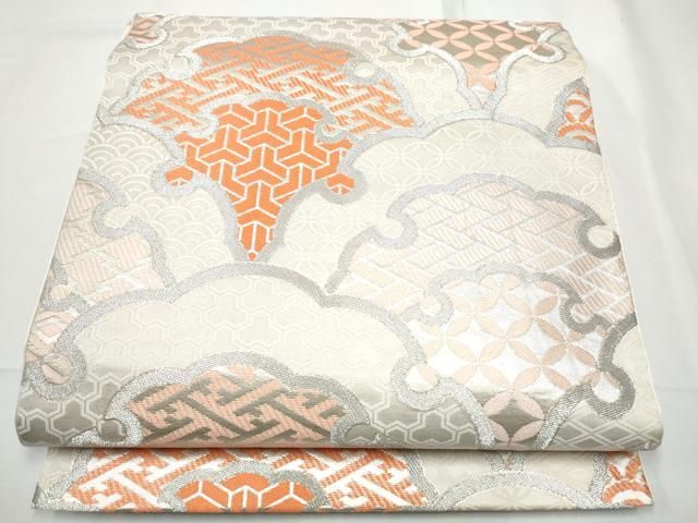 平和屋着物○西陣 川島織物 六通柄 本袋帯 雪輪扇面吉祥文 銀糸 正絹