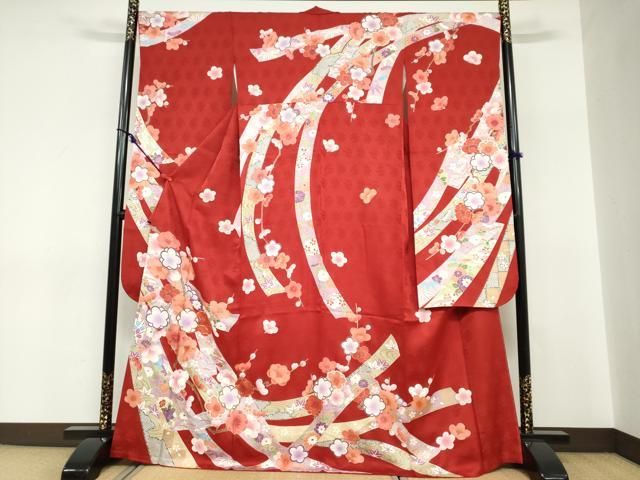 平和屋着物●豪華振袖　駒刺繍　熨斗草花文　金彩　正絹　逸品　DABC2738ud 平和屋着物○豪華振袖 駒刺繍 熨斗草花文 黒地 金彩 正絹 逸品