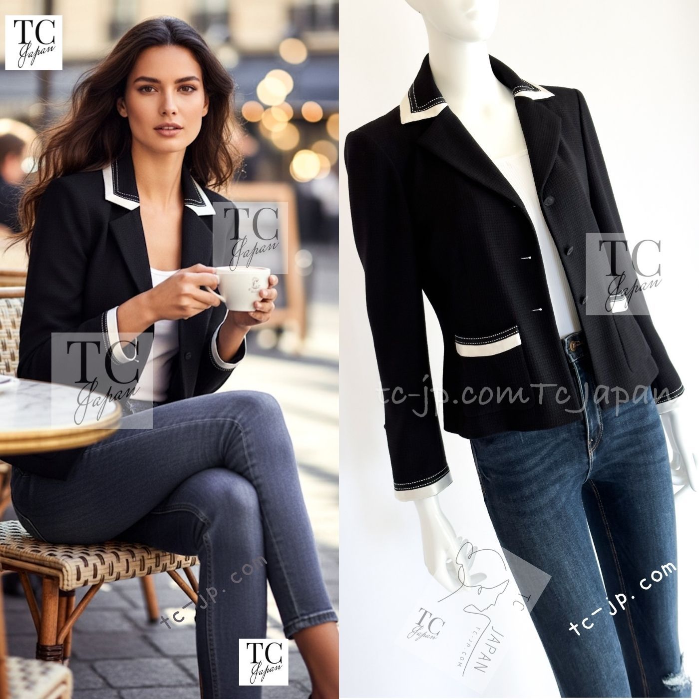 シャネル ジャケット CHANEL ブラック シルバー ホワイト トリム