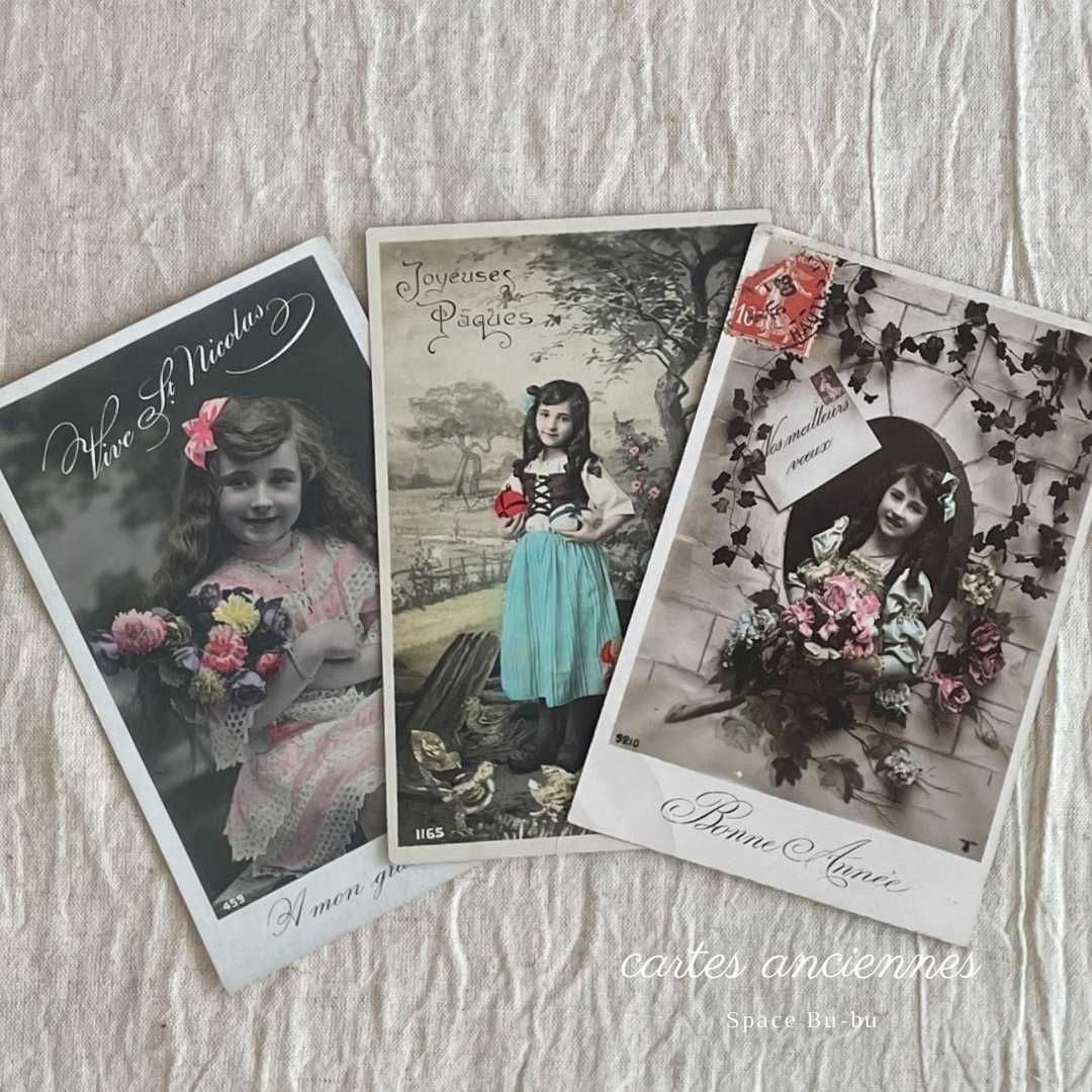 フランス アンティーク 少女ポートレート ポストカード 手彩色 3枚