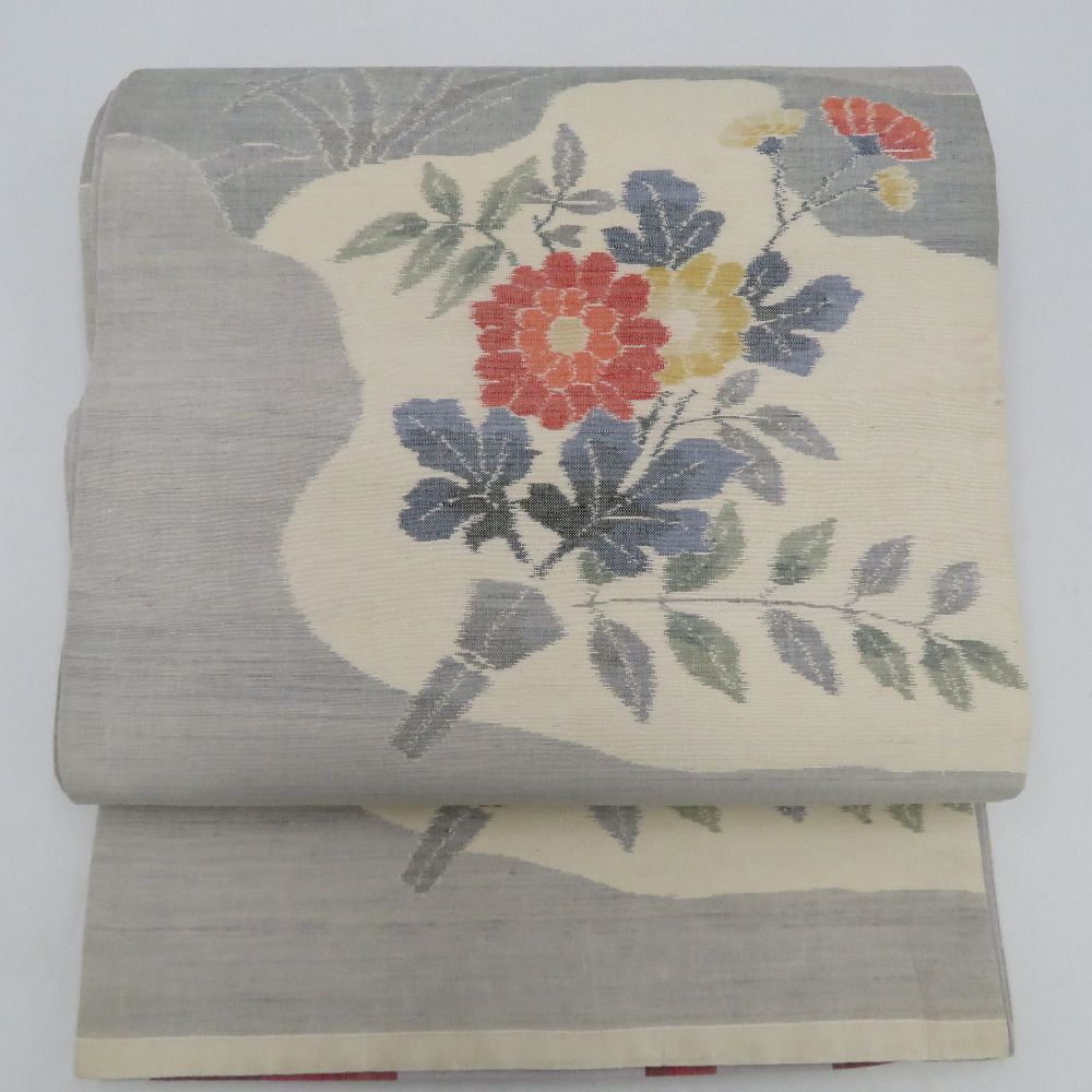 袋帯 洒落袋帯 紬 リバーシブル 灰色x赤色x多色 花文様 縞模様 全通柄