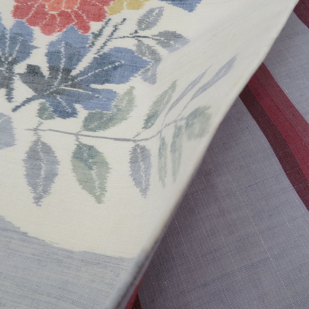 袋帯 洒落袋帯 紬 リバーシブル 灰色x赤色x多色 花文様 縞模様 全通柄