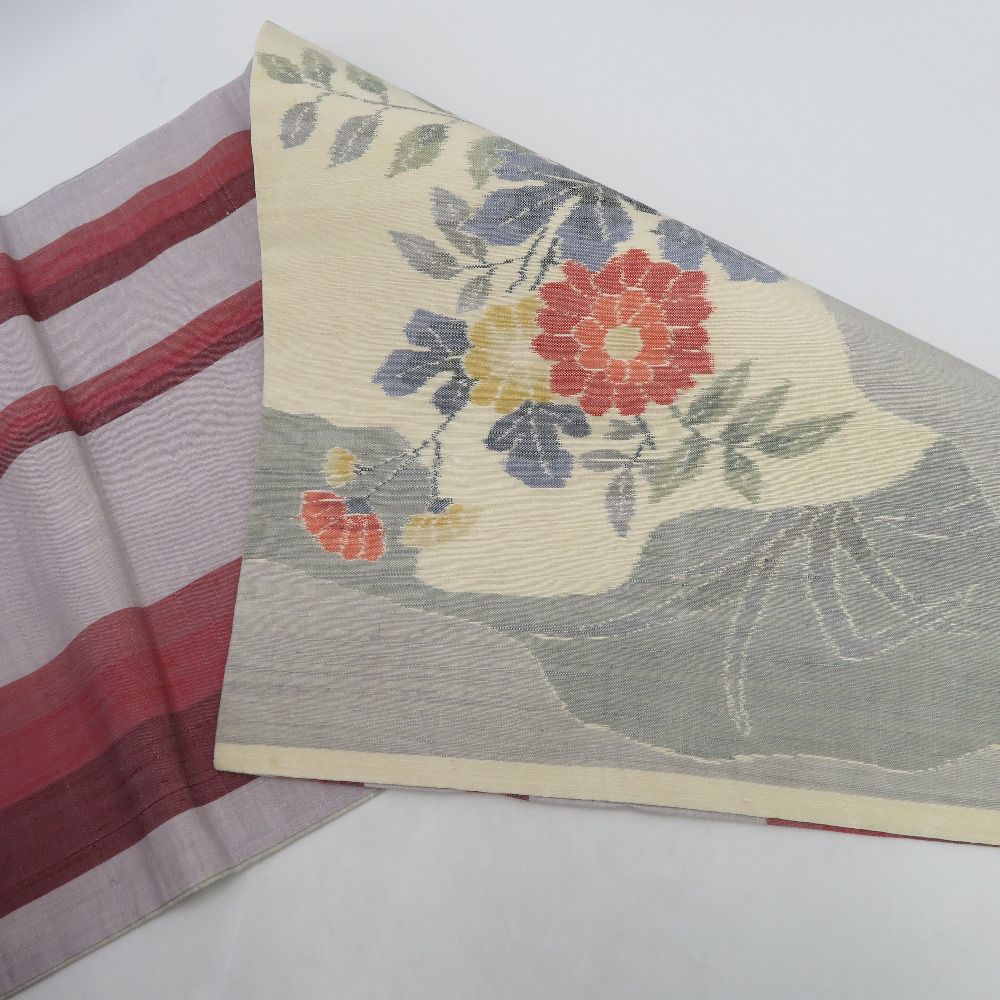 袋帯 洒落袋帯 紬 リバーシブル 灰色x赤色x多色 花文様 縞模様 全通柄