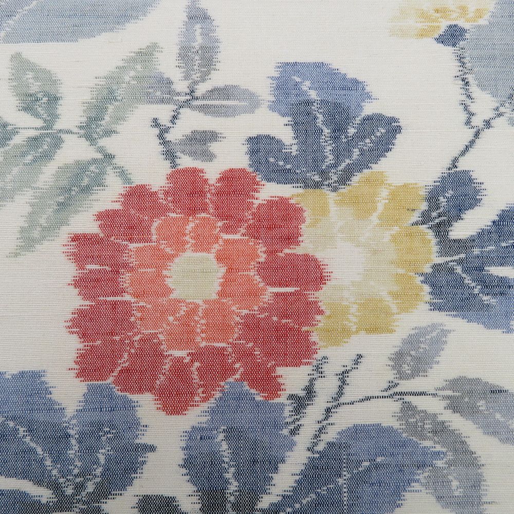 袋帯 洒落袋帯 紬 リバーシブル 灰色x赤色x多色 花文様 縞模様 全通柄