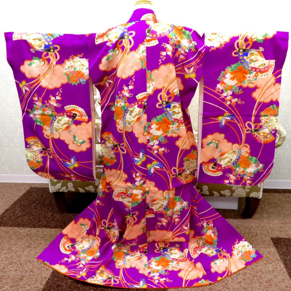 子供着物 アンティーク 昔 紫×多色 金彩 雲取 ひ扇 花蝶 鶴 女児用