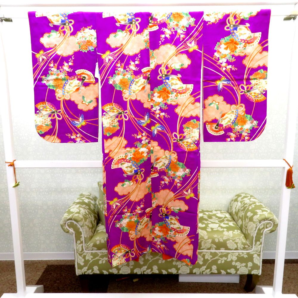 子供着物 アンティーク 昔 紫×多色 金彩 雲取 ひ扇 花蝶 鶴 女児用