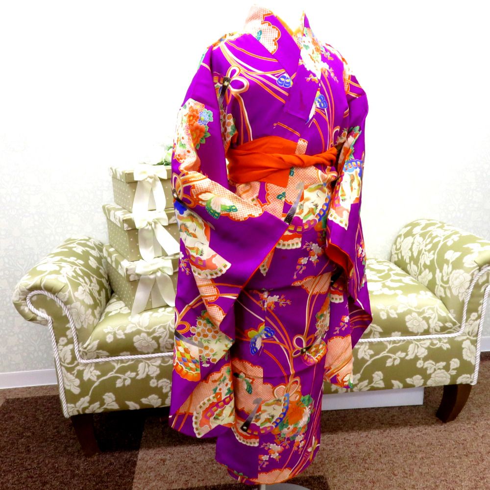 子供着物 アンティーク 昔 紫×多色 金彩 雲取 ひ扇 花蝶 鶴 女児用