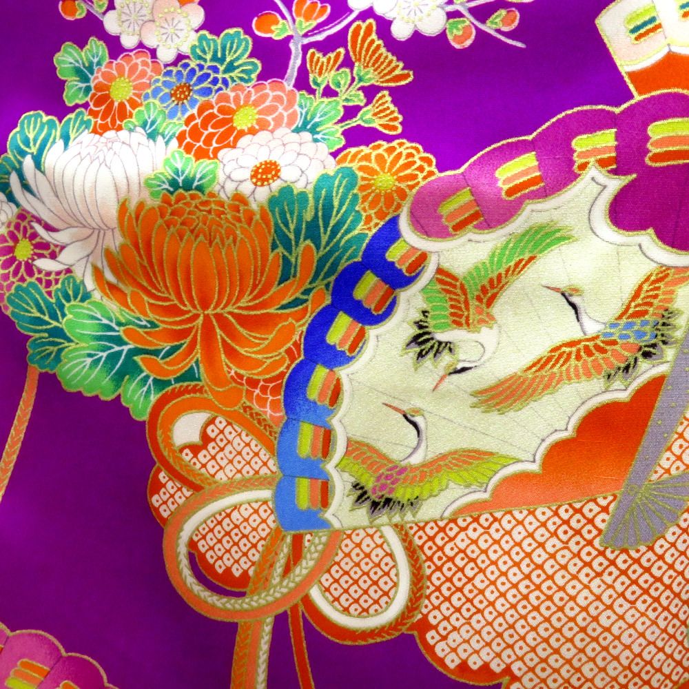 子供着物 アンティーク 昔 紫×多色 金彩 雲取 ひ扇 花蝶 鶴 女児用