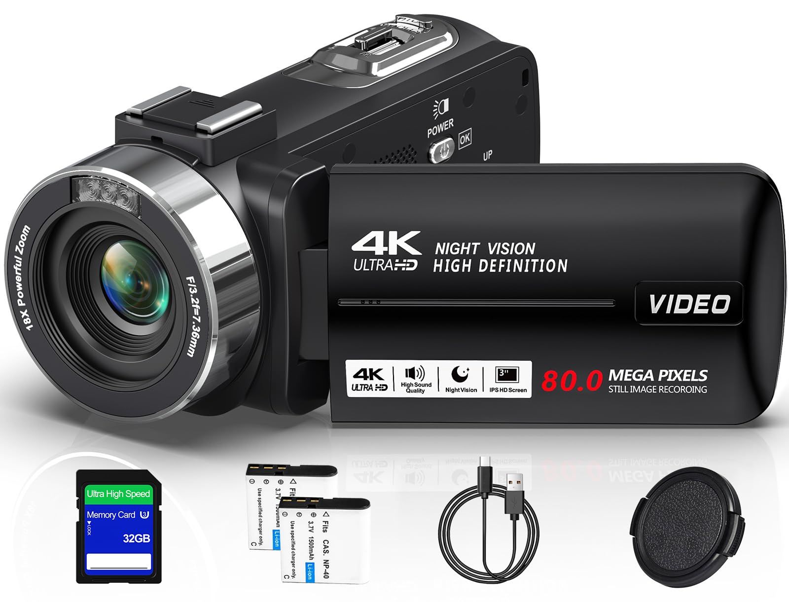 ビデオカメラ 4K録画 80MP 写真 3.0インチIPS HD画面 270度回転可能 自