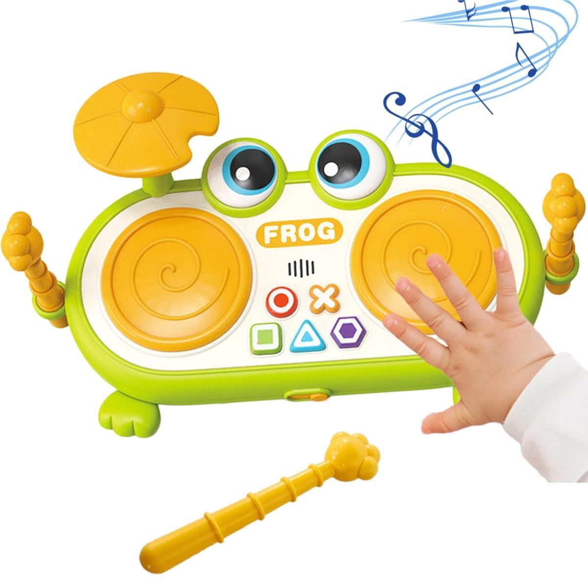 [Stock Sale] Early Development Fingertip Training Educational Toy, Frog Design, Taiko Toy Toy, 10 Songs, 6 Melodies, Sound Effects, Light, 1 Year Old, 2 Cymbals with Drums and Stand, Percussion Instrument, Volume Adjustable, Baby Girls, Boys, Birthday Gifts, Baby Drums