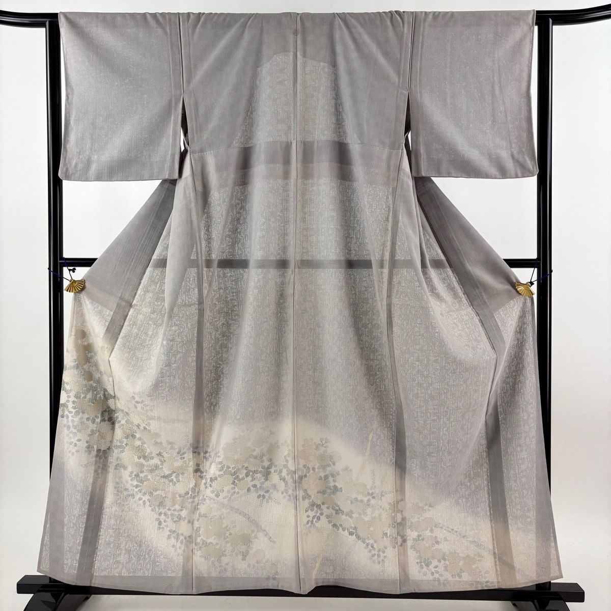 付下げ 身丈158.5cm 裄丈64cm M 紗袷 菊 萩 銀彩 ぼかし 灰色 正絹 秀