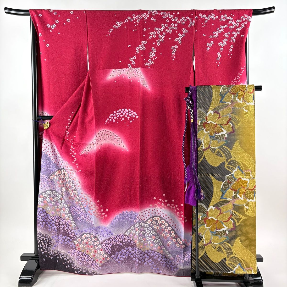 振袖 身丈167cm 裄丈68cm L 袷 袋帯フルセット 桜 山並み 金通し 金彩