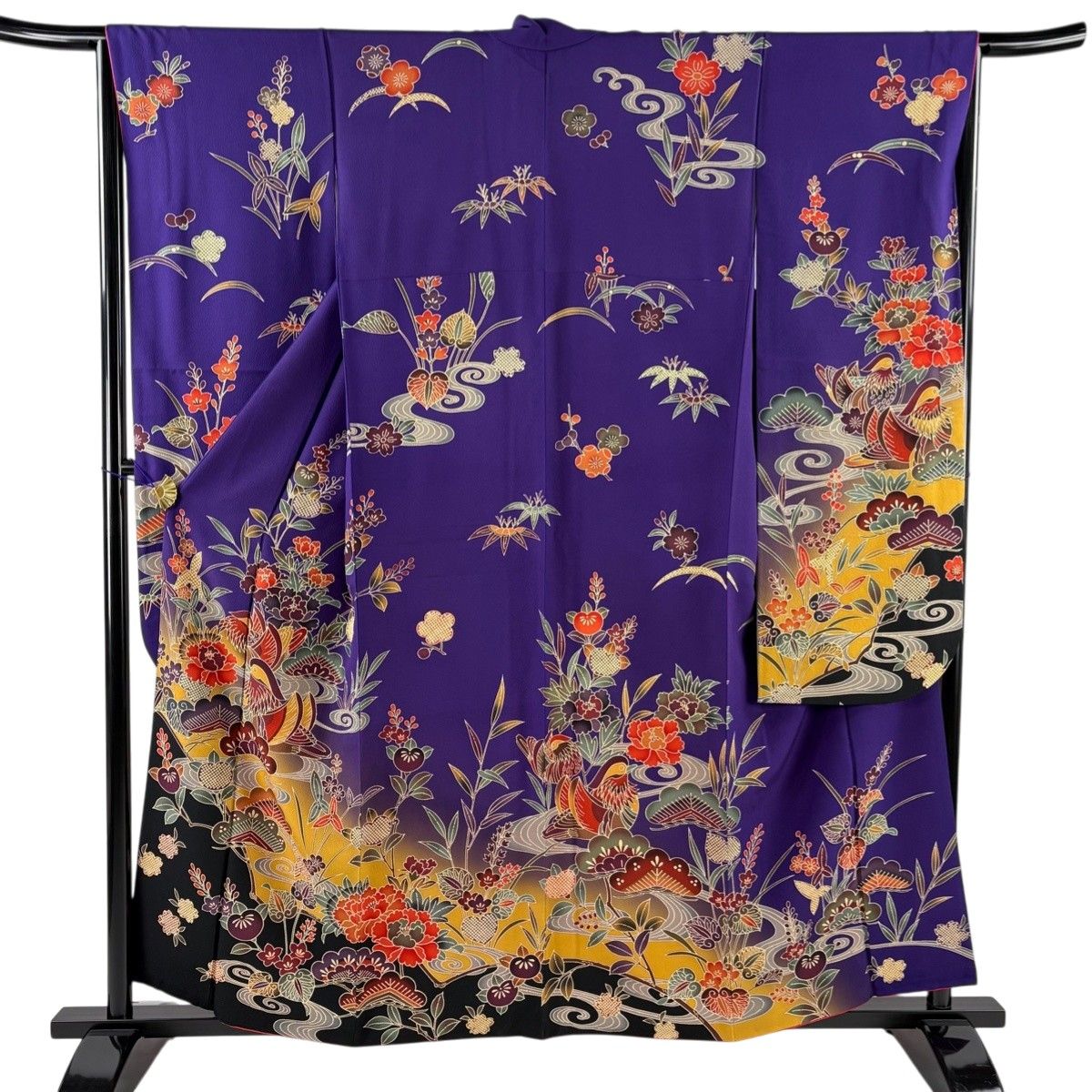 振袖 身丈157.5cm 裄丈64.5cm M 袷 鴛鴦 松竹梅 染め分け ぼかし 紫