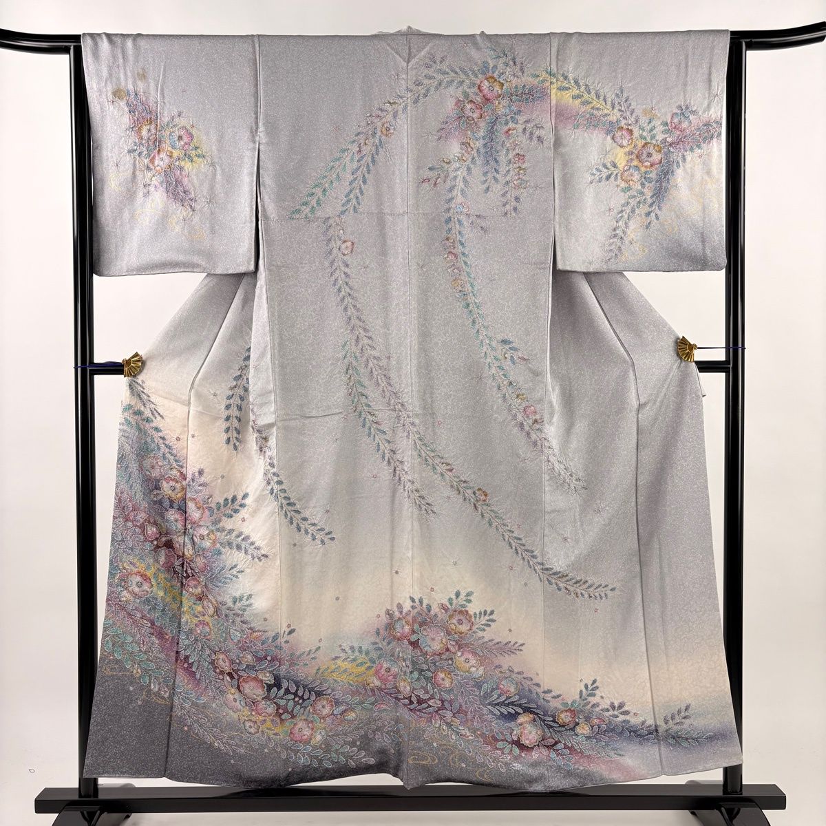 訪問着 身丈154.5cm 裄丈65cm M 袷 辻が花柄 流水 金彩 ぼかし 灰紫